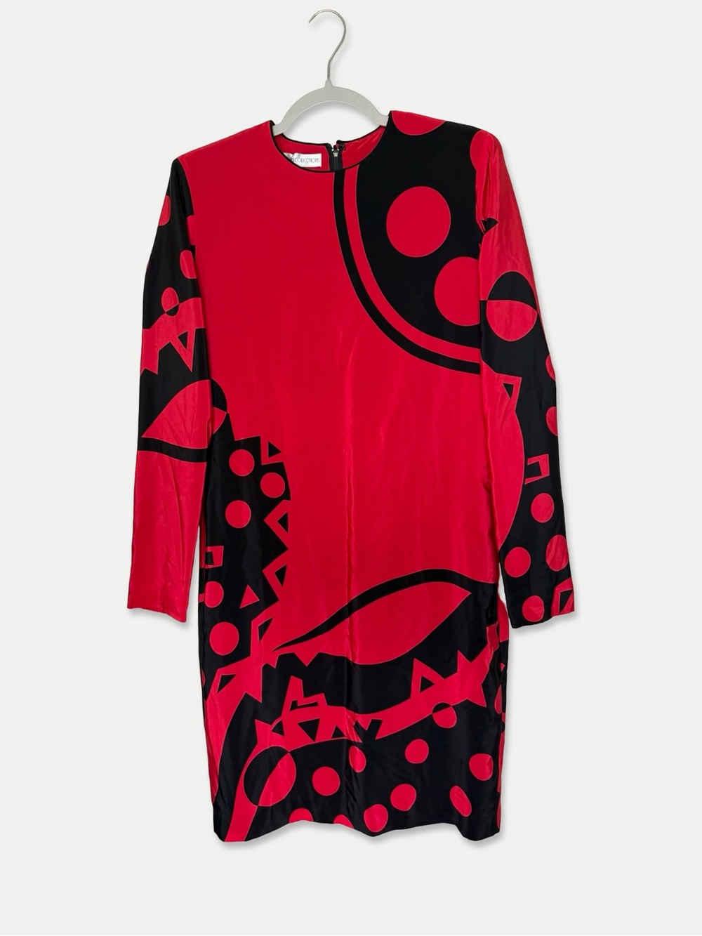 Vintage Anne Crimmins Umi 100% Silk Red Black Geometric Midi Dress 8 Sash